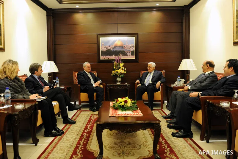 Palestinian President Mahmoud Abbas (Abu Mazen) meets with Italian consul general in Jerusalem, Gim Polo Cantini in the West bank City of Ramallah on Feb. 18, 2012. Photo by Thaer Ganaim