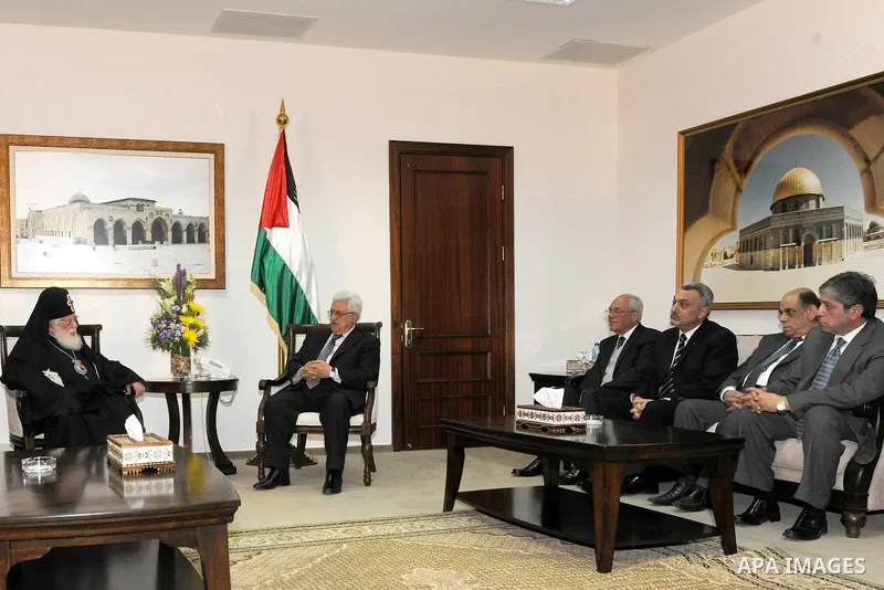 Palestinian President Mahmoud Abbas (Abu Mazen) meets with Patriarch Omom Georgia Ilya Al thani in the West bank City of Ramallah on Feb. 18, 2012. Photo by Thaer Ganaim