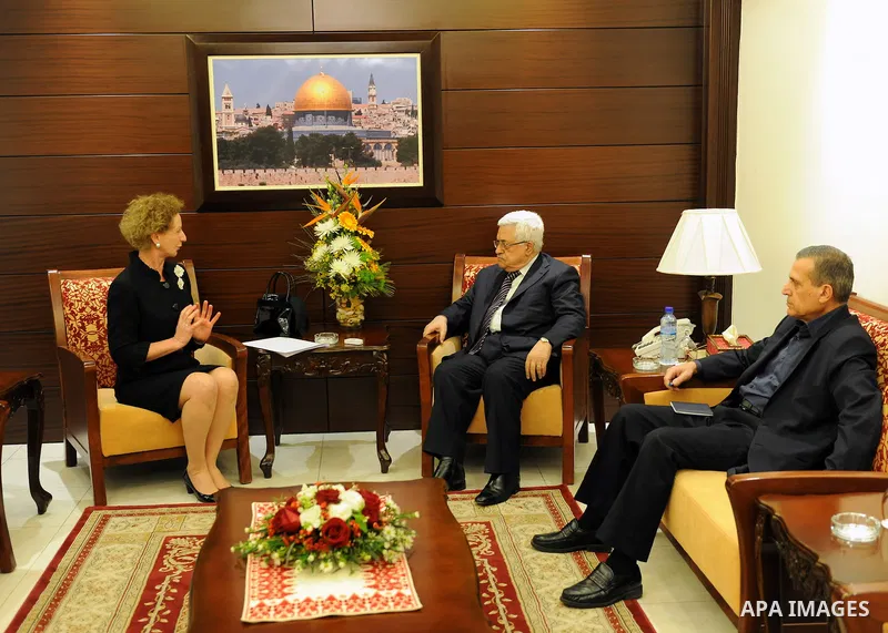 Palestinian President Mahmoud Abbas (Abu Mazen) meets with the representative of Brazil to National Authority Ligia Maria Scherer in the West bank City of Ramallah on Feb. 19, 2012. Photo by Thaer Ganaim