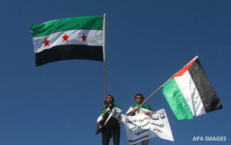Palestinians holding Syrian flag and banners shout slogans during a protest in solidarity with Syrian people and against the Syrian government headed by president Bashar al-Asad, in Gaza city on Feb. 21,2012. Photo by As...