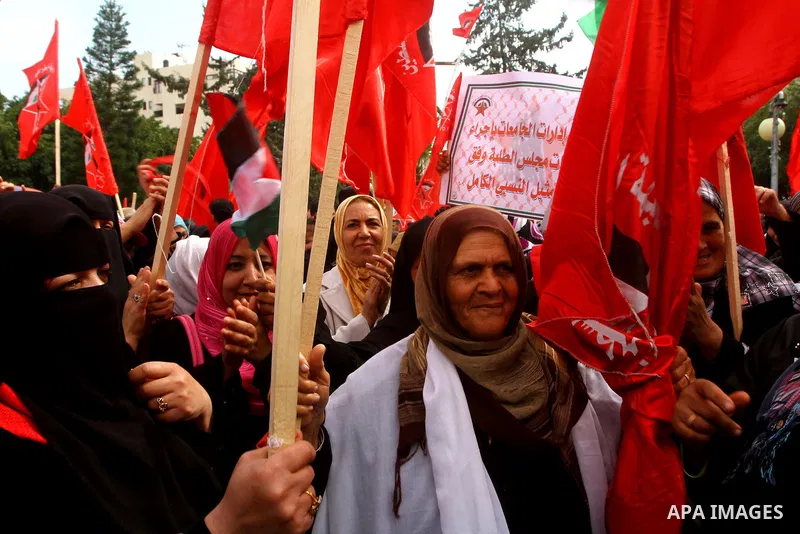 Supporters of the Democratic Front for the Liberation of Palestine (DFLP) shout slogans during a rally marking the 43rd anniversary of the movement's establishment in Gaza City on February 23, 2012. Photo by Ashraf Amra