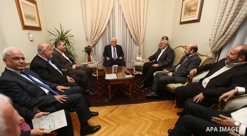 Palestinian President Mahmoud Abbas, and prime minister in gaza strip, Ismael Hanyah, during a meeting between Fatah and Hamas in Cairo, Egypt, 23 February 2012. According to media reports, the leaders of the Palestinian...
