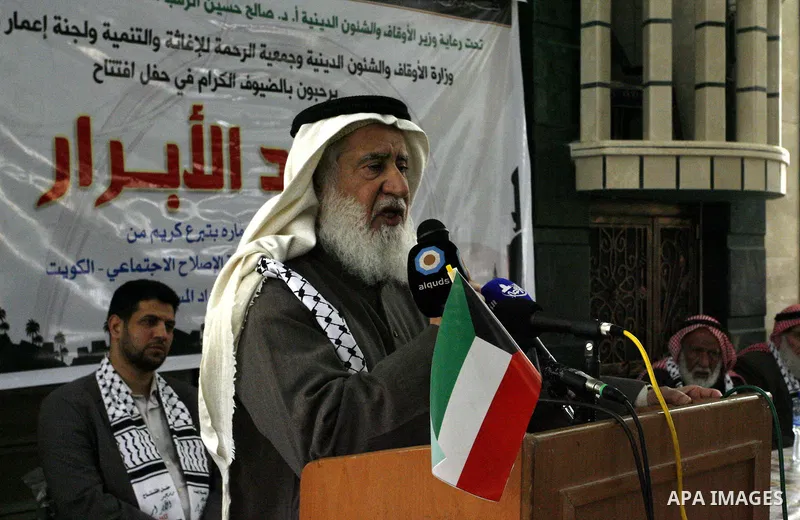Palestinian legislative council members and members of Kuwaiti delegation attend the opening ceremony of al-Abrar mosque, which was destroyed during the Israeli war on Gaza Strip in 2008-2009, in the southern Gaza Strip...