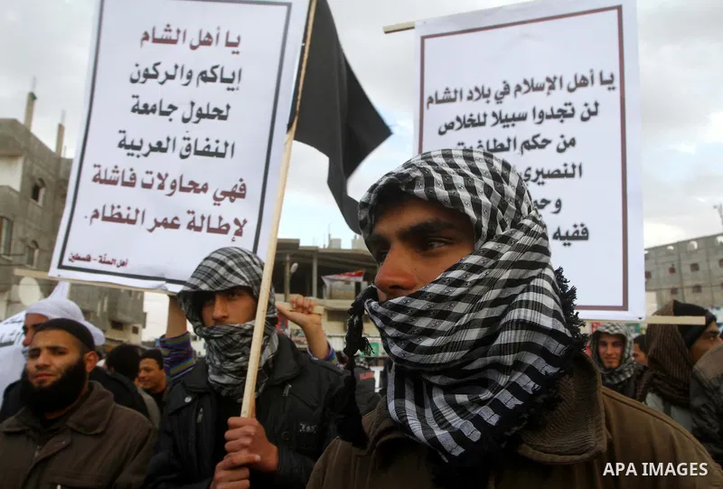 A Palestinian Salafist takes part in a protest against Syria's President Bashar al-Assad in Rafah in the southern Gaza Strip February 24, 2012. Photo by Ashraf Amra