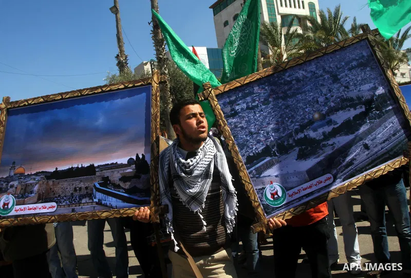 Palestinians gather as they protest in Gaza City on February 27, 2012, two days following violence in the flashpoint Al-Aqsa mosque compound in Jerusalem's Old City, between Israeli forces and Palestinians. The unrest is...