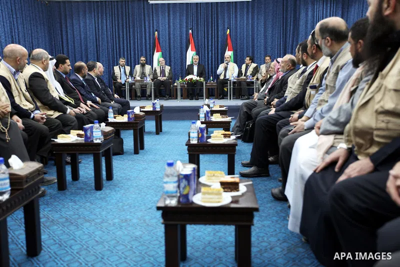 Palestinian Prime Minister in Gaza Strip, Ismail Haniyeh, receives convoy the loyalty to Palestine, in Gaza City on Feb. 28, 2012. Photo by Ahmed Shaat