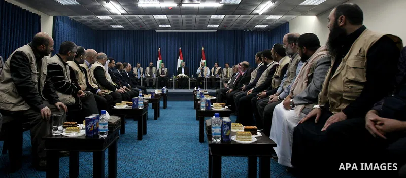 Palestinian Prime Minister in Gaza Strip, Ismail Haniyeh, meets with the European convoy "loyalty to Palestine", in Gaza City on Feb. 28, 2012. Photo by Ashraf Amra