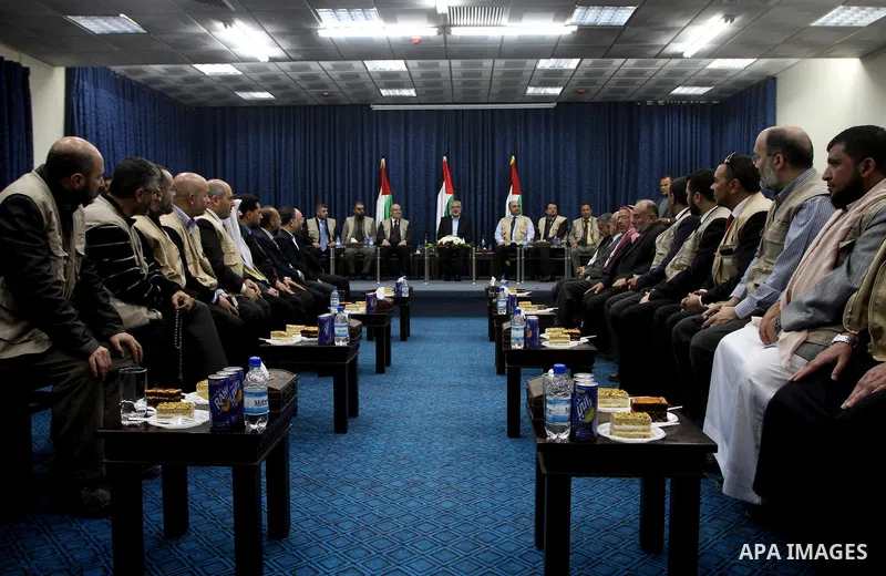 Palestinian Prime Minister in Gaza Strip, Ismail Haniyeh, meets with the European convoy "loyalty to Palestine", in Gaza City on Feb. 28, 2012. Photo by Ashraf Amra