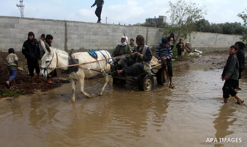 Palestinians Bedouin walk through muddy waters after heavy rains which flooded the Al Moghraka area in the central Gaza Strip, 04 March 2012. Photo by Ashraf Amra