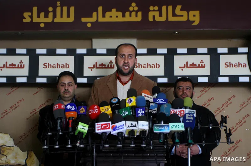 Member of the Palestinian journalist bloc in Gaza Strip, Yaser Abu Hein, speaks during press conference in Gzaz City, on Mar. 05, 2012. Photo by Ashraf Amra
