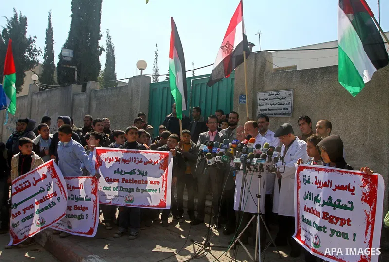 Palestinian official of the Ministry of Health in Gaza strip speaks during press conference in a protest in front of Egyptian Embassy in Gaza, calling for supplying the Gaza Strip with enough fuel on Mar.06, 2012. Photo...