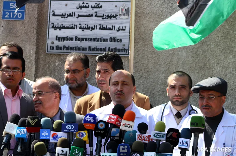 Palestinian official of the Ministry of Health in Gaza strip speaks during press conference in a protest in front of Egyptian Embassy in Gaza, calling for supplying the Gaza Strip with enough fuel on Mar.06, 2012. Photo...