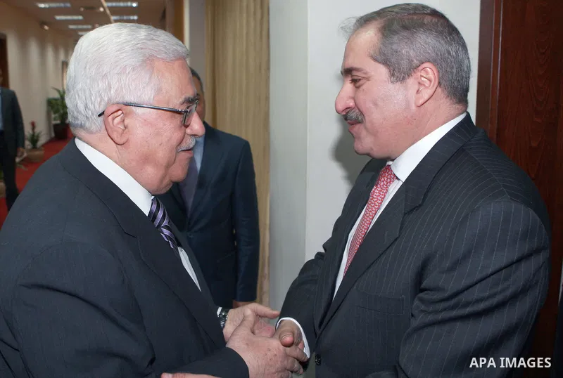 Palestinian President Mahmoud Abbas, meet with with the Jordanian Foreign Minister Nasser Judeh, in the West Bank city of Ramallah, on March 07, 2012. Photo by Thaer Ganaim