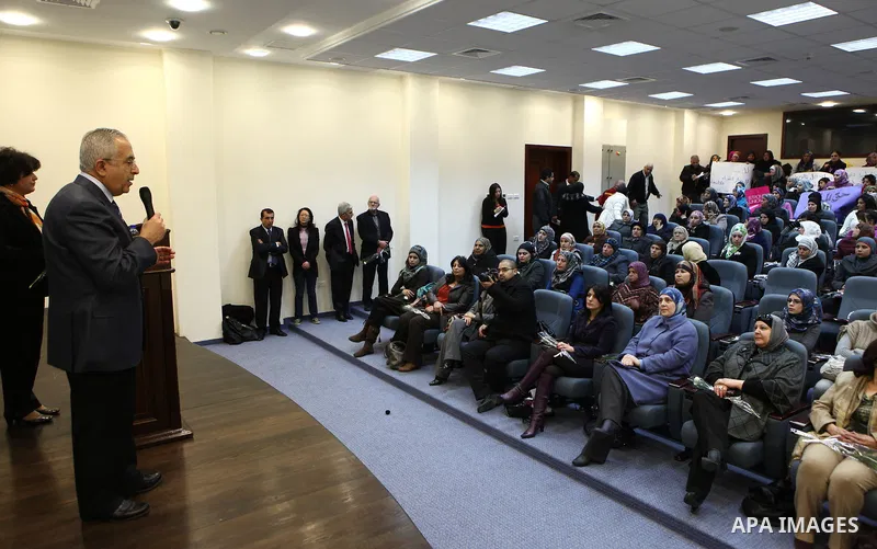 Palestinian Prime Minister, Salam Fayyad, receives Delegation of the women workers in the Federation of trade unions in the West Bank city of Ramallah, on Mar. 07, 2012. Photo by Mustafa Abu Dayeh.