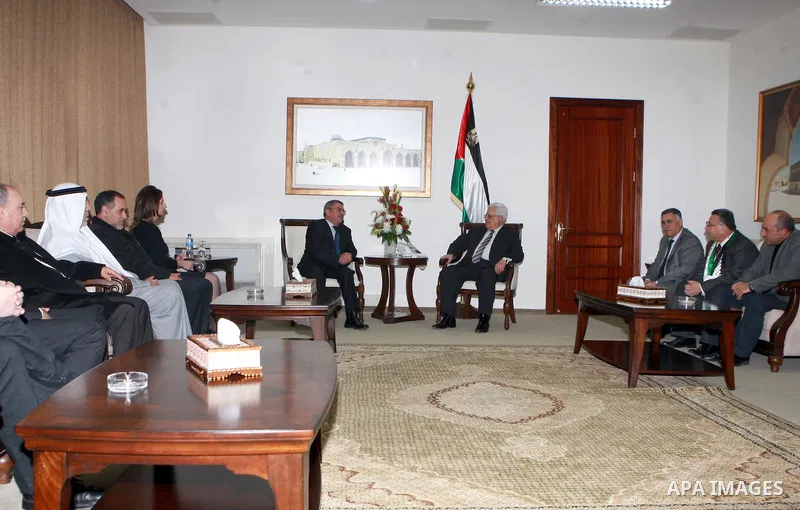 Palestinian President, Mahmoud Abbas (Abu Mazen), meets of the international journalists' union in the West Bank city of Ramallah, on March 09, 2012. Photo by Thaer Ganaim