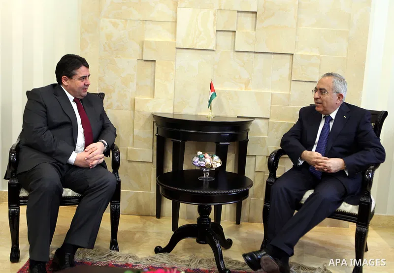 Palestinian Prime Minister Salam Fayyad, meets with President of the German Social Democratic Party Sigmar Gabriel, in the West Bank City of Ramallah, on Mar. 13, 2012. Photo by Mustafa Abu Dayeh