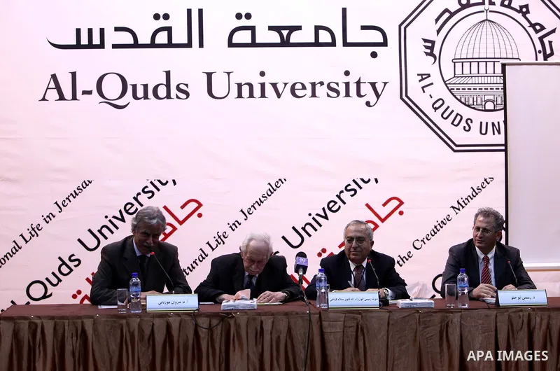Palestinian Prime Minister Salam Fayyad, attends meeting the Al- Quds university, under the title (successes, obstacles and future prospects) in the West Bank City of Jerusalem, on Mar. 14, 2012. Photo by Mustafa Abu Da...