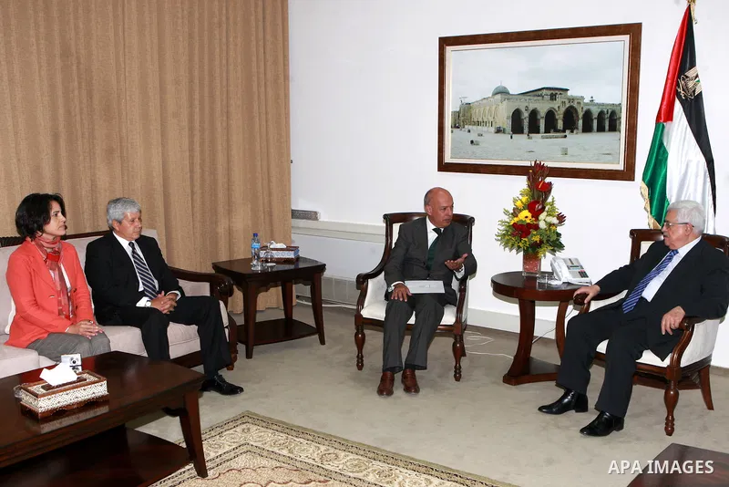 Palestinian President, Mahmoud Abbas (Abu Mazen), meets with the deputy foreign minister of Peru, in the West Bank city of Ramallah on March 20, 2012. Photo by Thaer Ganaim