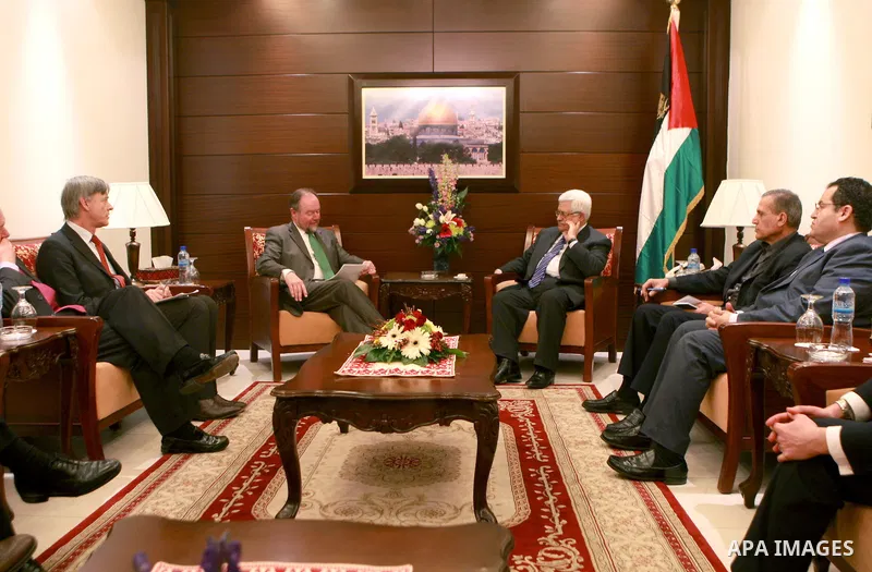 Palestinian President, Mahmoud Abbas (Abu Mazen), meets with the British Consul and the General French Consul and the representative of Germany to the Palestinian National Authority, in the West Bank city of Ramallah on...
