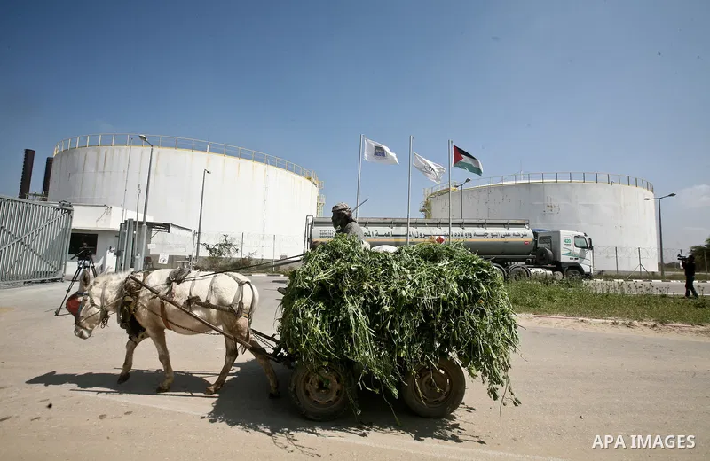 A Palestinian man drives a donkey cart as a fuel tanker arrives at a power plant in Al-Nusirat, central Gaza Strip, 23 March 2012. The tanker crossed into Gaza at the Israeli Kerem Shalom border crossing after Egypt and...