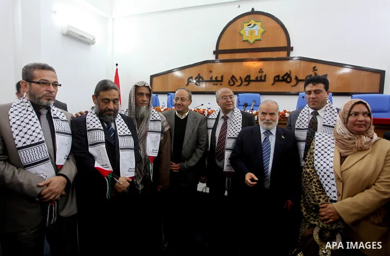 Members of Egyptian parliamentary delegation During a visit to the Palestinian Legislative Council in gaza City, on March 28, 2012. The delegation is on a solidarity visit with the Palestinian people to the Hamas-run Gaz...