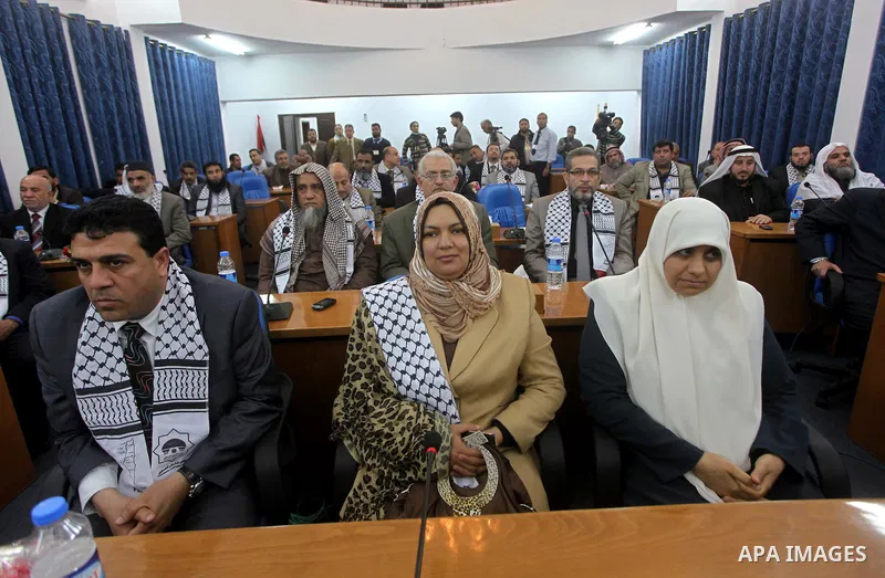 Members of Egyptian parliamentary delegation During a visit to the Palestinian Legislative Council in gaza City, on March 28, 2012. The delegation is on a solidarity visit with the Palestinian people to the Hamas-run Gaz...