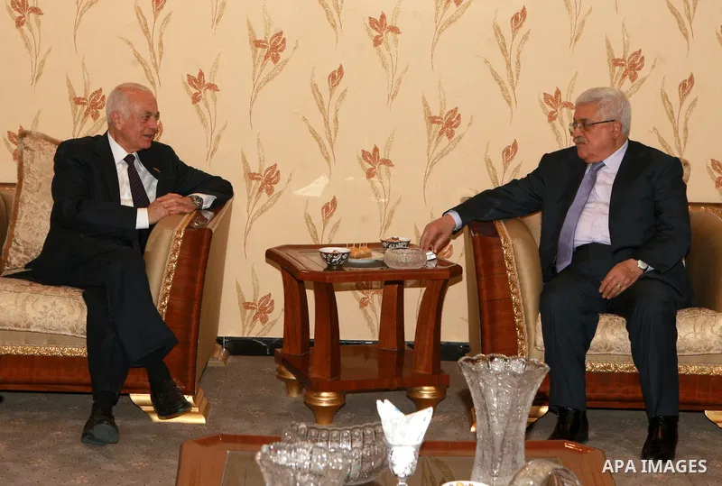 Palestinian President, Mahmoud Abbas (Abu Mazen), meets with Arab League Secretary General Nabil Al Arabi, in the Iraqi capital Baghdad, on Mar. 28, 2012. Photo by Thaer Ganaim