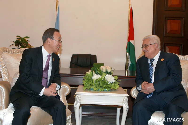 Palestinian President Mahmoud Abbas meets with UN Secretary-General Ban Ki-moon in Baghdad, Iraq, Thursday, March, 29, 2012. The annual Arab summit meeting opened in the Iraqi capital Baghdad on Thursday with only 10 of...