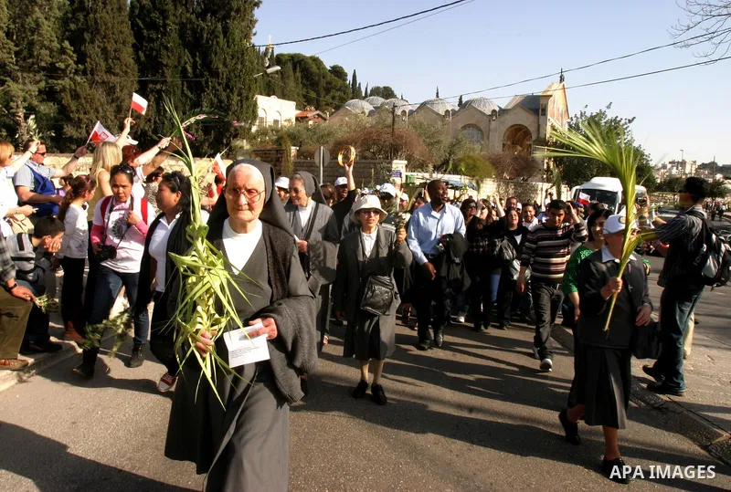 Christian pilgrims march during the traditional Palm Sunday procession from the Mount of Olives to Jerusalem's old city on April 1, 2012. Photo by Mahfouz Abu Turk