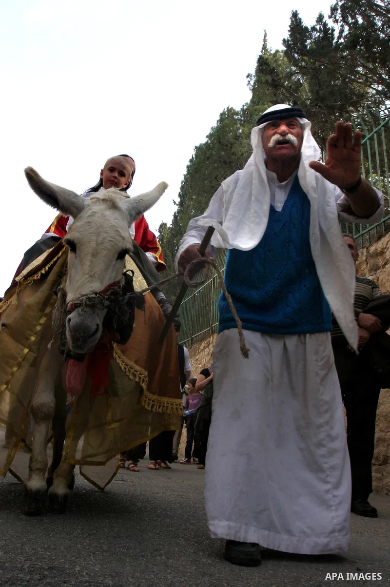 Christian pilgrims march during the traditional Palm Sunday procession from the Mount of Olives to Jerusalem's old city on April 1, 2012. Photo by Mahfouz Abu Turk