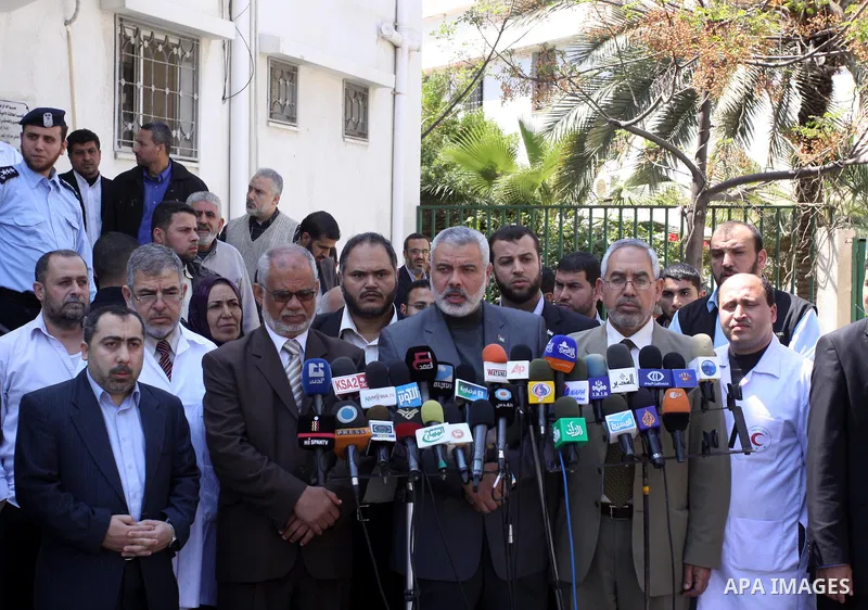 Palestinian Hamas premier in the Gaza Strip, Ismail Haniya speaks during press conference in front of Al-Shefa hospital during his visits Palestinian prisoner Hanaa Shalabi in Gaza City on April 2, 2012. Photo by Mohamme...