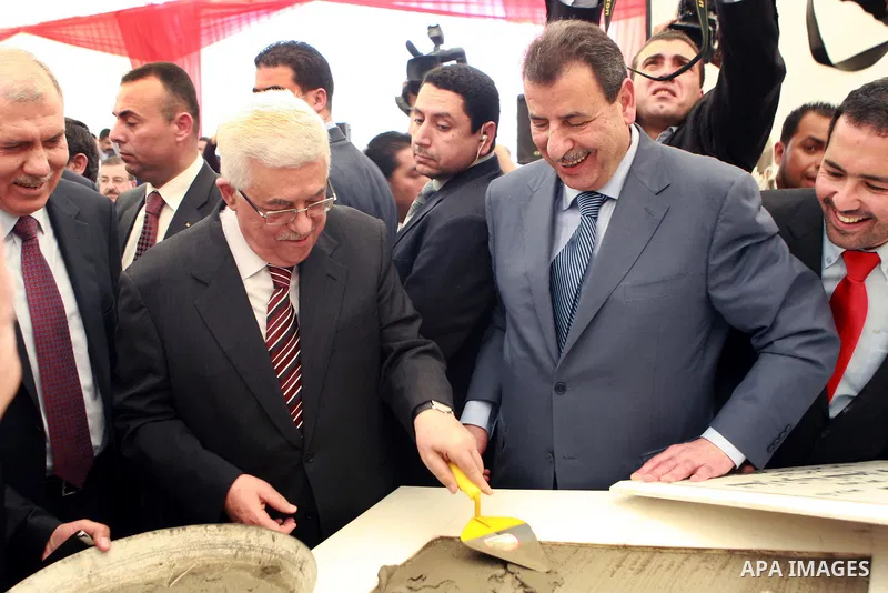 Palestinian President, Mahmoud Abbas (Abu Mazen), lays foundation stone for the construction of the new headquarters of the Embassy of the State of Palestine, in the Egypt capital Cairo, on Apr. 02, 2012. Photo by Thaer...