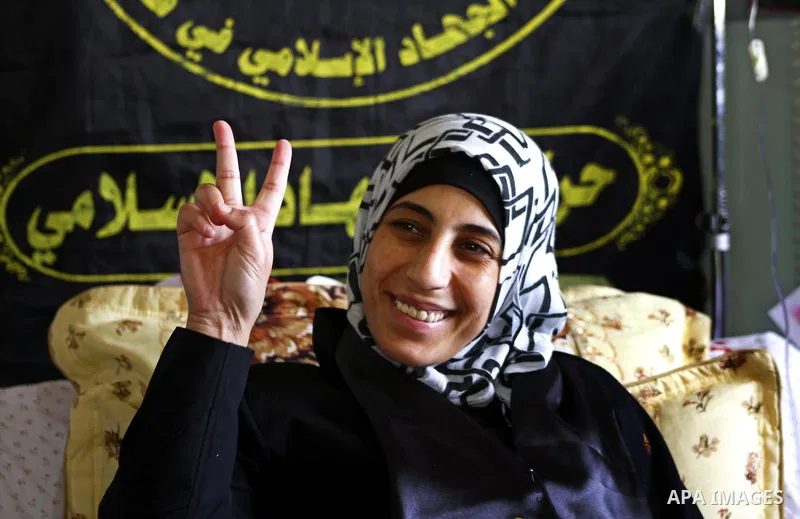 Palestinian prisoner Hanaa Shalabi during, who spent 43 days on hunger strike in an Israeli prison, in Al-Quds hospital in Gaza City on April 2, 2012. Shalabi, who had begun her hunger strike after being arrested on Febr...