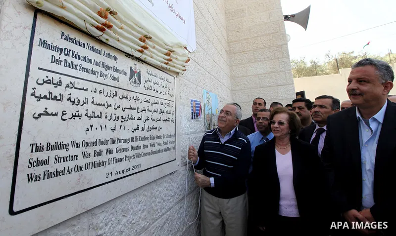 Palestinian Prime Minister Salam Fayyad arrives to pay a visit to support Palestinian farmers in the Yanun village near the West Bank City of Nablus, 05 April 2012. The village was temporarily abandoned by its residents...