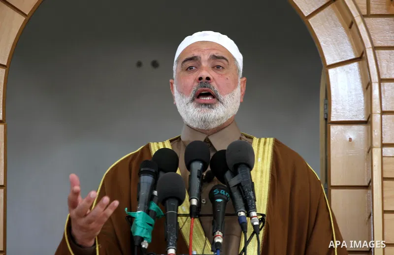 Palestinian Prime Minister in Gaza Strip, Ismail Haniya speaks during Friday prayers in Gaza city on April 06, 2012. A delegation from islamic youths from Arab countries attended Friday prayers with Ismail Haniya. Photo...