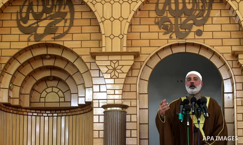 Palestinian Prime Minister in Gaza Strip, Ismail Haniya speaks during Friday prayers in Gaza city on April 06, 2012. A delegation from islamic youths from Arab countries attended Friday prayers with Ismail Haniya. Photo...