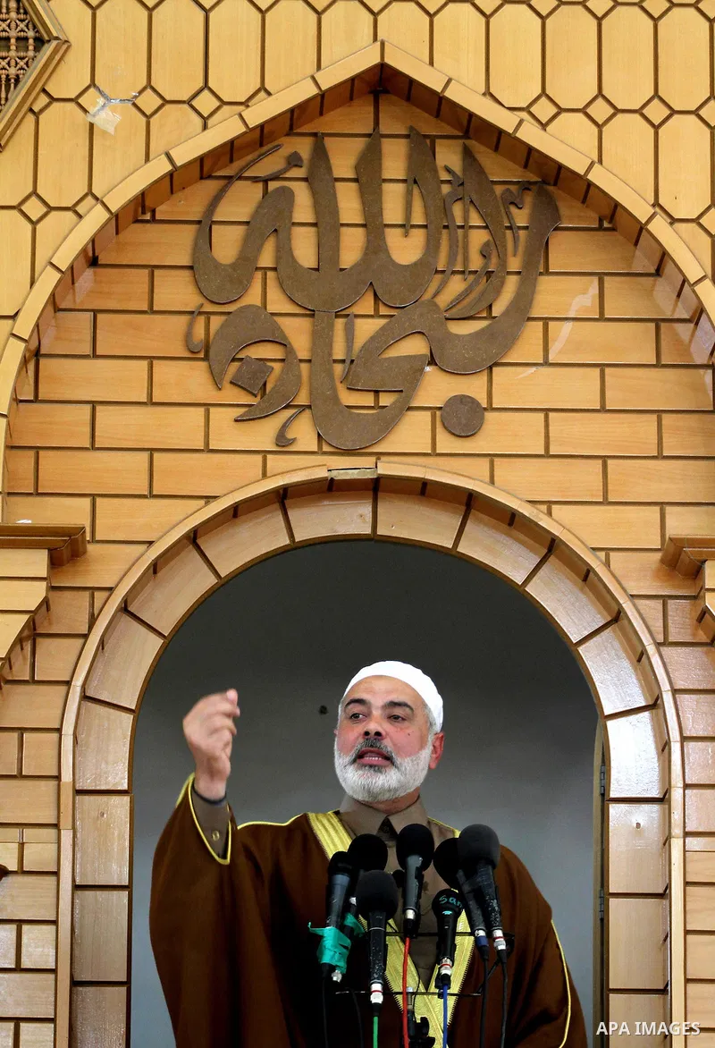 Palestinian Prime Minister in Gaza Strip, Ismail Haniya speaks during Friday prayers in Gaza city on April 06, 2012. A delegation from islamic youths from Arab countries attended Friday prayers with Ismail Haniya. Photo...