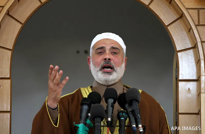 Palestinian Prime Minister in Gaza Strip, Ismail Haniya speaks during Friday prayers in Gaza city on April 06, 2012. A delegation from islamic youths from Arab countries attended Friday prayers with Ismail Haniya. Photo...