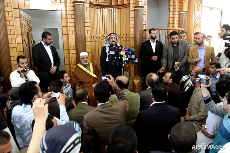 Palestinian Prime Minister in Gaza Strip, Ismail Haniya speaks during Friday prayers in Gaza city on April 06, 2012. A delegation from islamic youths from Arab countries attended Friday prayers with Ismail Haniya. Photo...