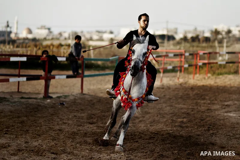 A Palestinian boy rides a horse during a championship at Gaza Horse Club in Gaza Strip, 06 April 2012. The clubs is home to some 54 horses and open for the training of male and female children aged between 12 to 23 years...