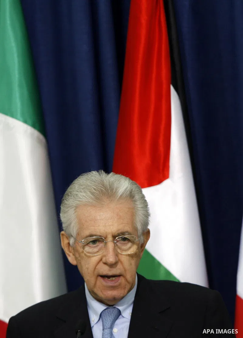 Italy's Prime Minister Mario Monti speaks during a news conference with Palestinian President Mahmoud Abbas (not pictured) in the West Bank city of Ramallah April 8, 2012. Photo by Issam Rimawi