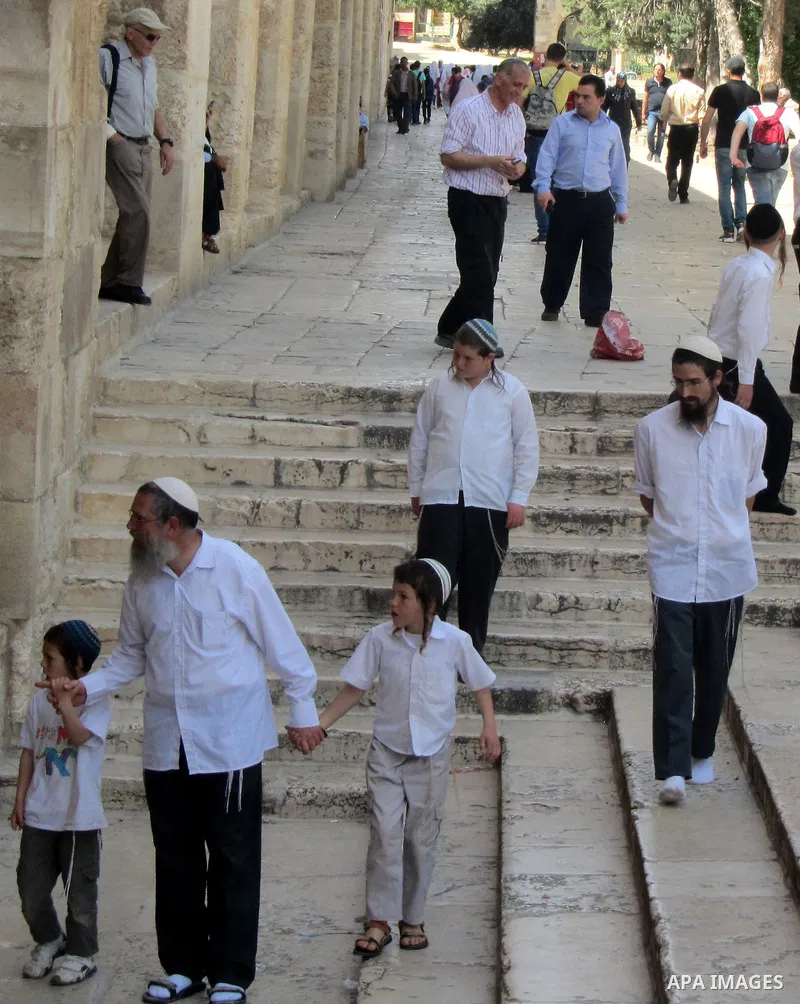Jewish settlers stand in the yards of Al Aqsa Mosque in the old city of Jerusalem on Apr. 08, 2012. Photo by Mahfouz Abu Turk