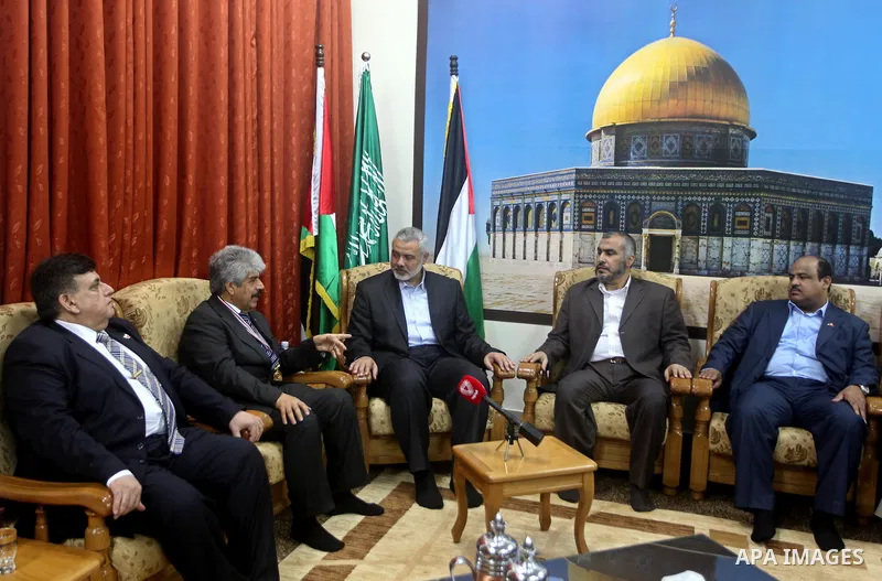 Palestinian Prime Minister in Gaza Strip, Ismail Haniya meets with the Bahrani delegation during at his house in Gaza city on April 11,2012. The Bahrani delegation is in an official visit to the Gaza Strip for three days...