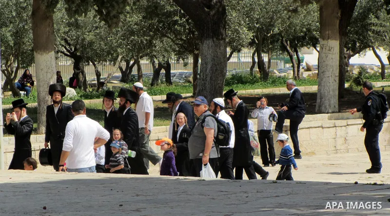 Jewish settlers walking in the yards of Al Aqsa Mosque in the old city of Jerusalem on 11 Apr 2012. Photo by Mahfouz Abu Turk