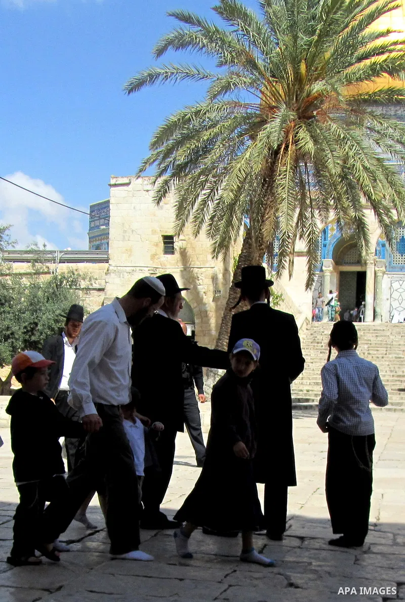 Jewish settlers walking in the yards of Al Aqsa Mosque in the old city of Jerusalem on 11 Apr 2012. Photo by Mahfouz Abu Turk