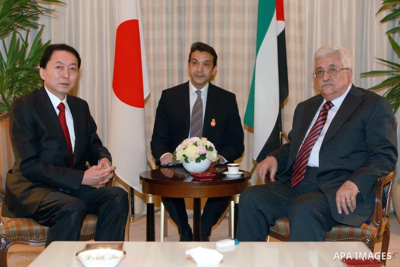 Palestinian President, Mahmoud Abbas (Abu Mazen), meets with Japanese Prime Minister former and the President of the Palestinian-Japanese Friendship Society of the ruling Democratic Party of Japan Yukio Hatoyama, in Toky...
