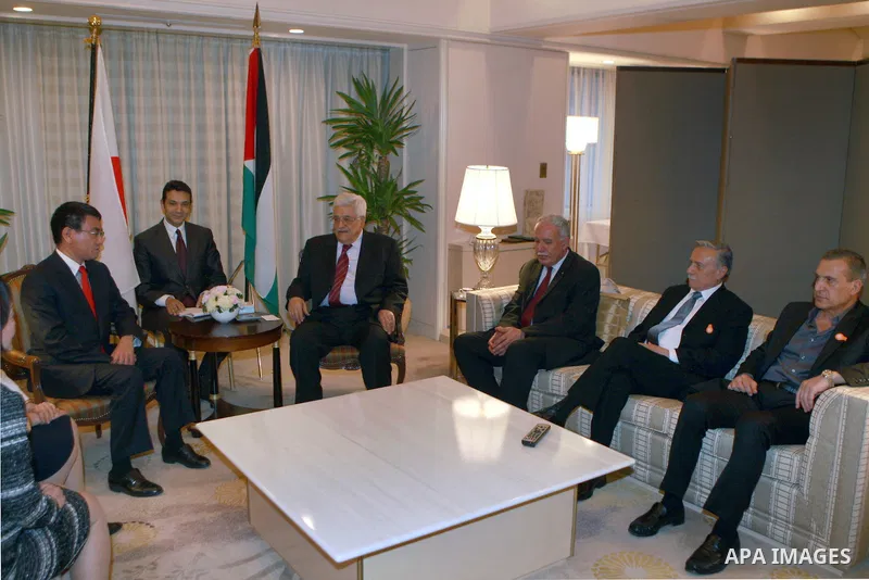Palestinian President, Mahmoud Abbas (Abu Mazen) meets with President of the Liberal Democratic Party of Japan, Tanigaki Soakozo, in Tokyo, on April, 13, 2012. Photo by Thaer Ganaim
