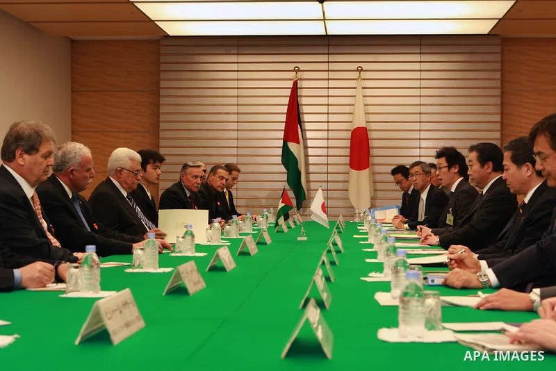 Palestinian President, Mahmoud Abbas (Abu Mazen) meets with Japan Prime Minister, Naoto Kan, in Tokyo, on April, 13, 2012. Photo by Thaer Ganaim