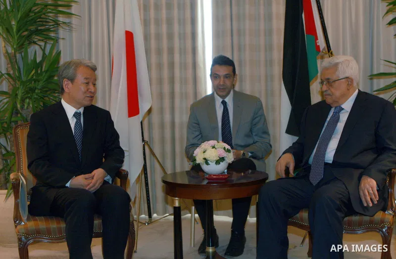 Palestinian President, Mahmoud Abbas (Abu Mazen) meets with President of the International Foundation of Japan International Cooperation Mr. Tanaka, in Tokyo, on April, 14, 2012. Photo by Thaer Ganaim