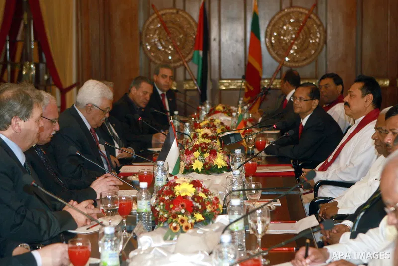 Palestinian President, Mahmoud Abbas (Abu Mazen), arrives to Sri Lanka, and meets with Sri Lankan, President, Mahinda Rajpxh, in Colombo on April, 16, 2012. Photo by Thaer Ganaim
